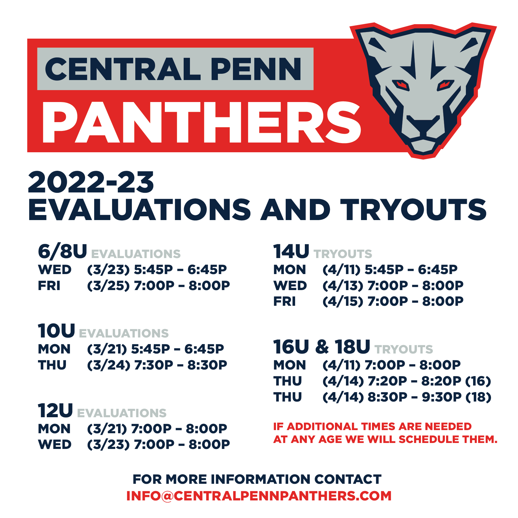 CCP 2022 Evaluation and Tryout dates